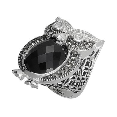 Lavish by TJM Sterling Silver Onyx & Crystal Owl Ring