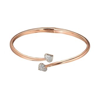 18k Rose Gold Plate and Silver Tone Diamond Accent Heart Bypass Bangle Bracelet