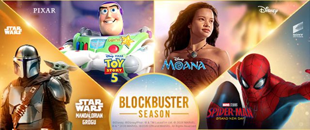 Disney Blockbuster hero image, including Star Wars, Pixar, Moana, and Spider-man