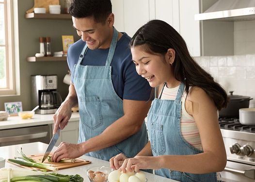 Father and daughter happily cooking together in the kitchen.