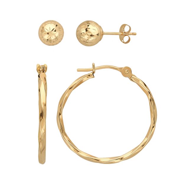 Everlasting Gold 10k Gold Textured Ball Stud & Twist Hoop Earring Set