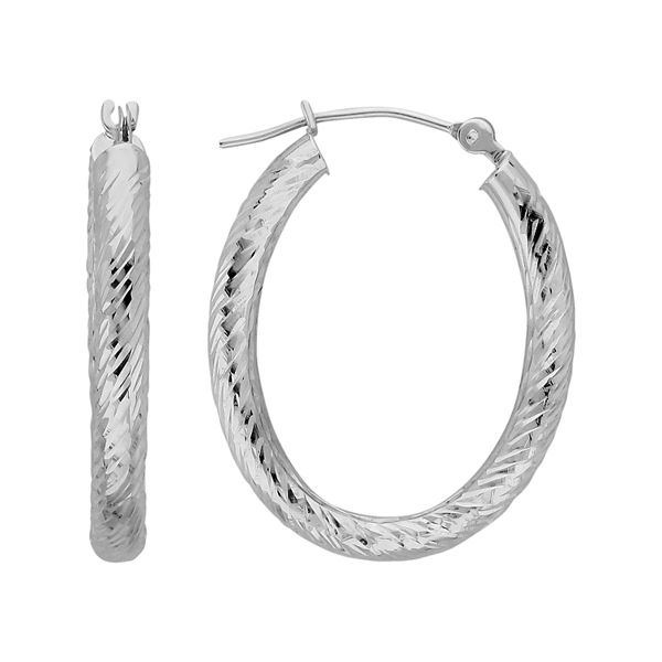 Everlasting Gold 10k White Gold Textured Oval Hoop Earrings