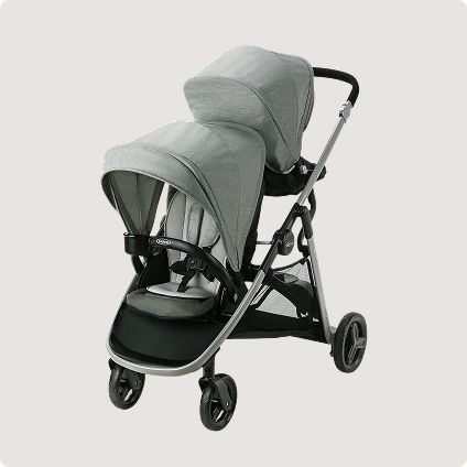 Tandem double stroller with grey canopies