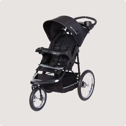 Three-wheeled black jogging stroller