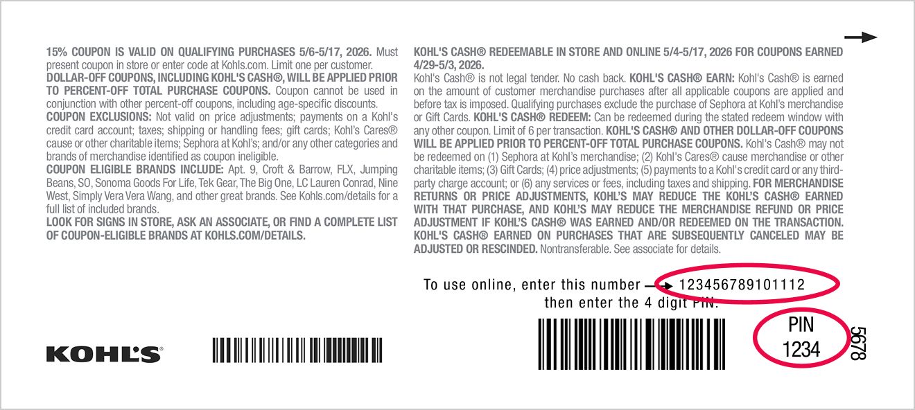 example coupon showing location of bar code and pin number
