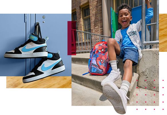 Tied sneakers hanging over a locker. Boy smiling while sitting on a stoop.