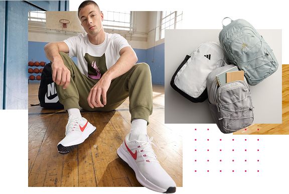 Young man sitting on the gym floor. Inset of three backpacks on the side.