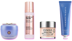 Skin Cream jar, pink skincare bottle, moisturizer jar and jet lag mask tube aligned side by side.
