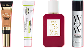 Foundation tube, skincare treatment tube, perfume bottle, and hair spray can aligned side by side.