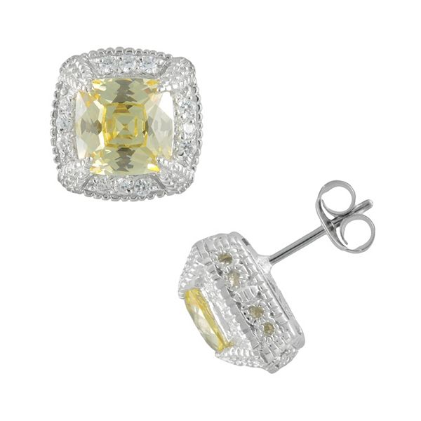 SIRI USA by TJM Sterling Silver Canary & White Cubic Zirconia Square Frame  Stud Earrings
