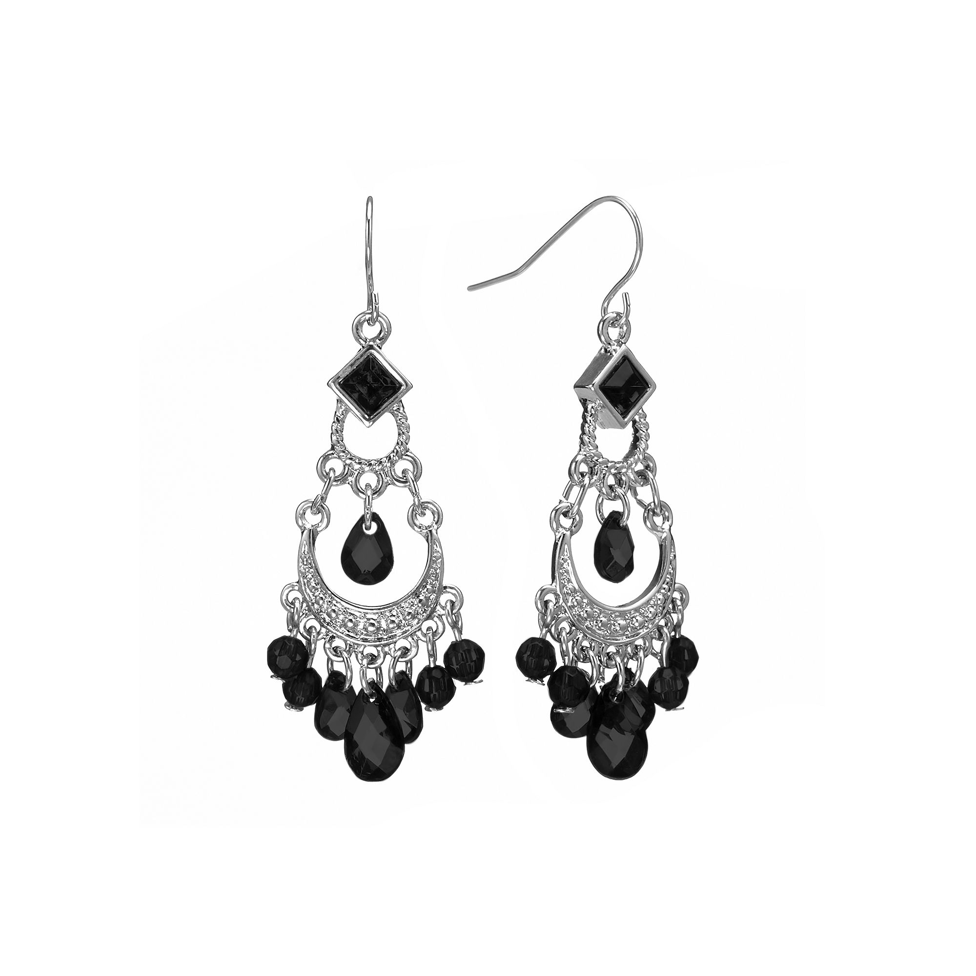 1928 Silver Tone Bead Chandelier Earrings, Womens, Black