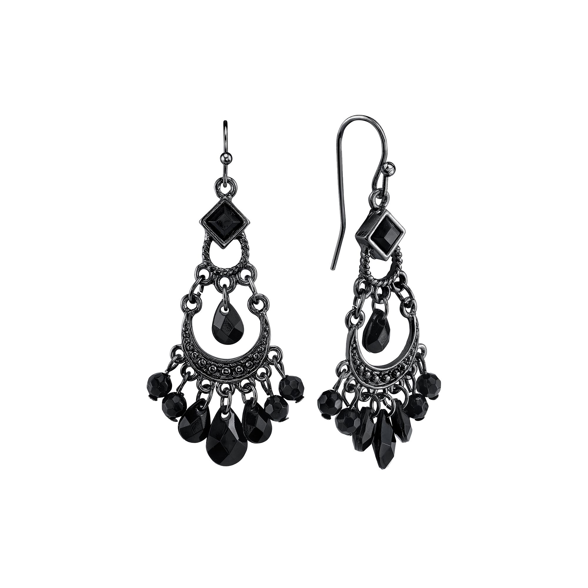 1928 Silver Tone Bead Chandelier Earrings, Womens, Tone Black