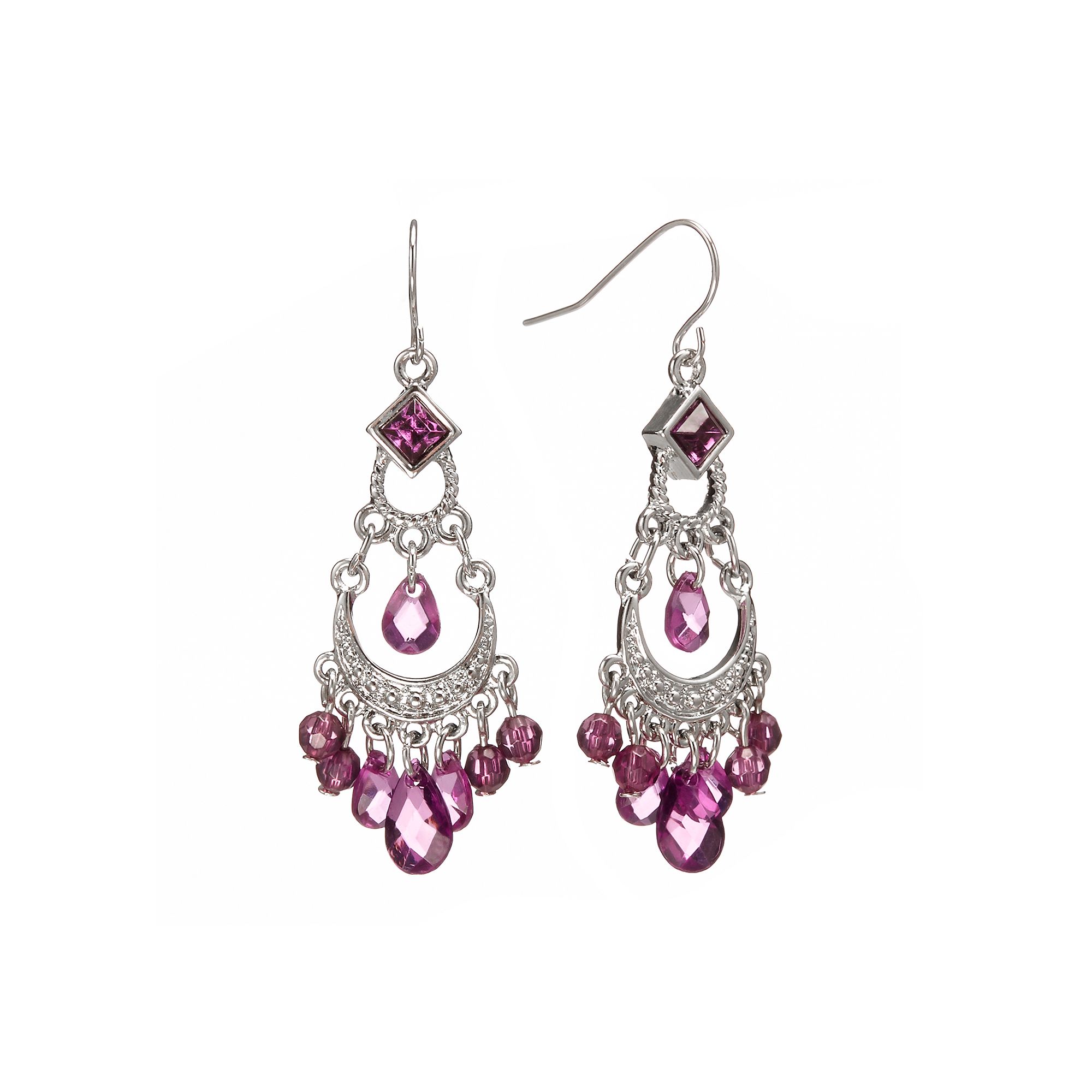 1928 Silver Tone Bead Chandelier Earrings, Womens, Purple