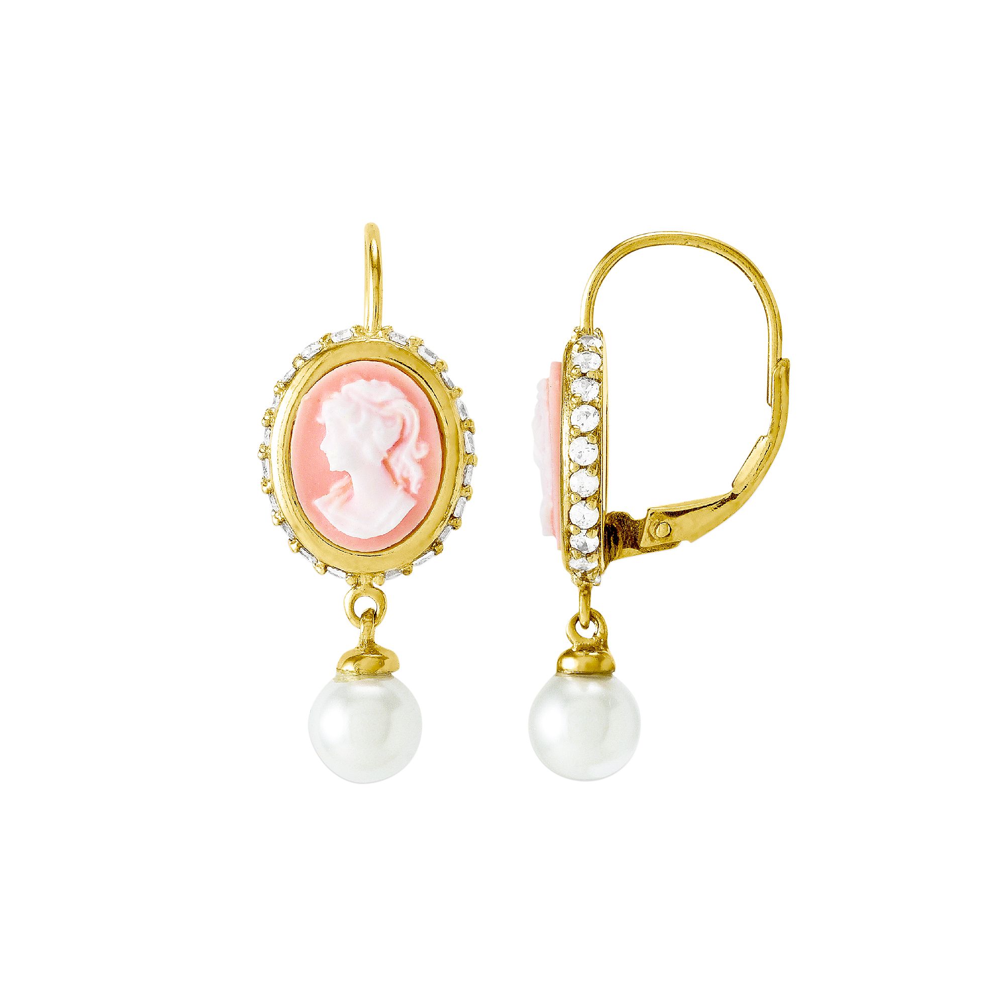 14k Gold Over Silver Simulated Pearl and Cubic Zirconia Cameo Drop Earrings
