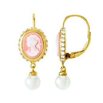 14k Gold Over Silver Simulated Pearl and Cubic Zirconia Cameo Drop Earrings