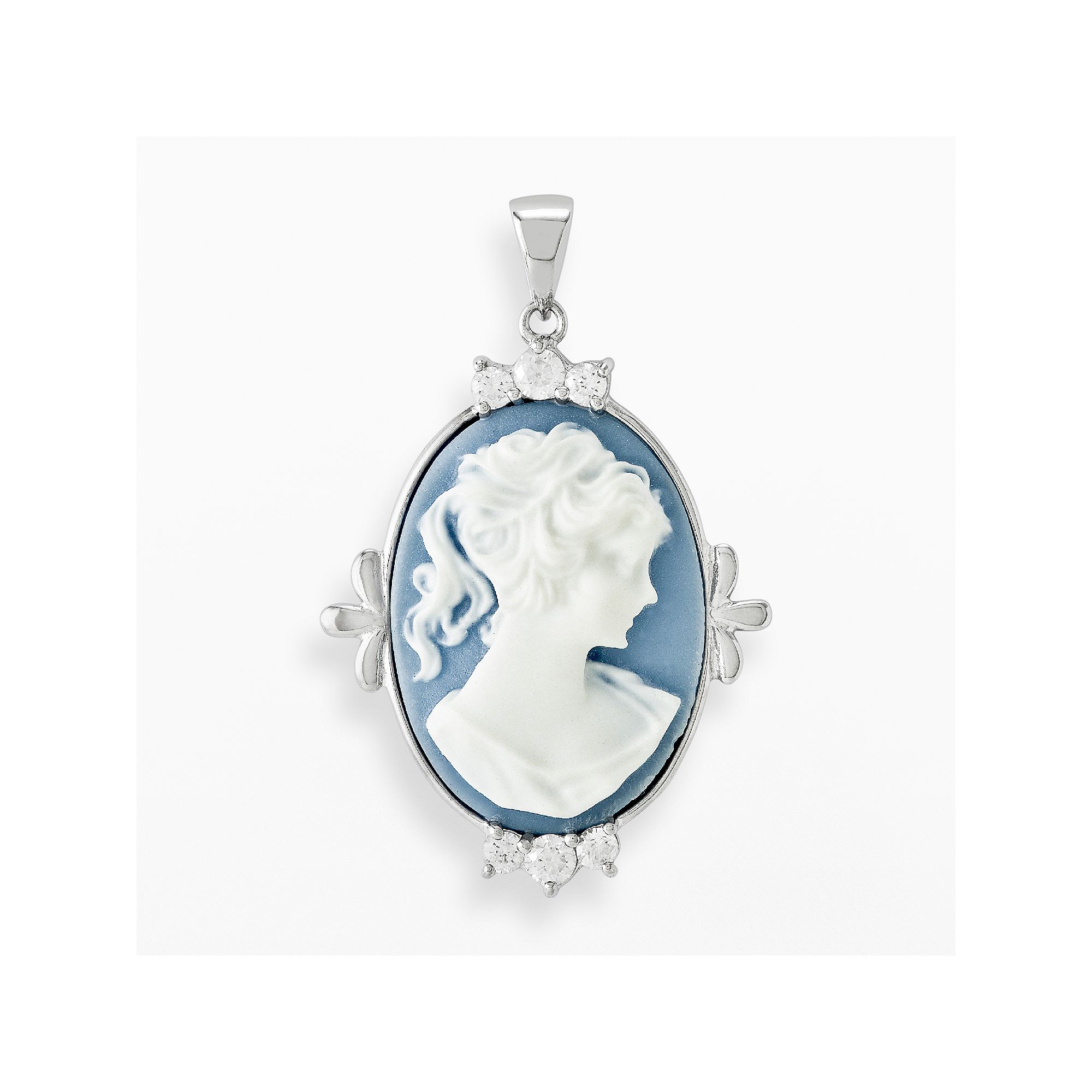 Sterling Silver Cubic Zirconia Porcelain Cameo Pendant, Womens, Blue