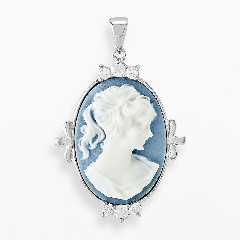 Sterling Silver Cubic Zirconia Porcelain Cameo Pendant, Womens, Blue