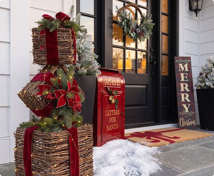 Outdoor Christmas decor with Santa mailbox.