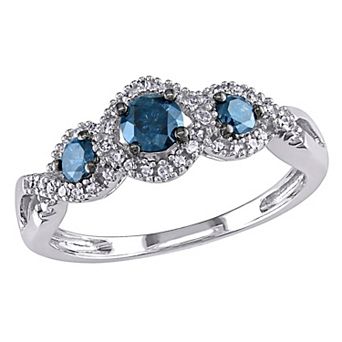 Stella Grace Round-Cut Blue & White Diamond 3-Stone Engagement Ring in 14k White Gold (1/2 ct T.W.)
