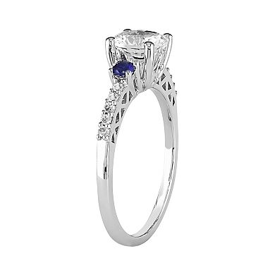 Stella Grace Round-Cut Diamond, Lab-Created White Sapphire & Lab-Created Blue Sapphire Engagement Ring in 10k White Gold (1/10 ct. T.W.)