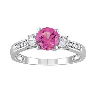 Stella Grace Lab Created Pink Sapphire Lab Created White Sapphire and Diamond Accent Engagement Ring in 10k White Gold