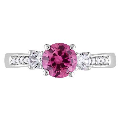 Stella Grace Lab-Created Pink Sapphire, Lab-Created White Sapphire and Diamond Accent Engagement Ring in 10k White Gold
