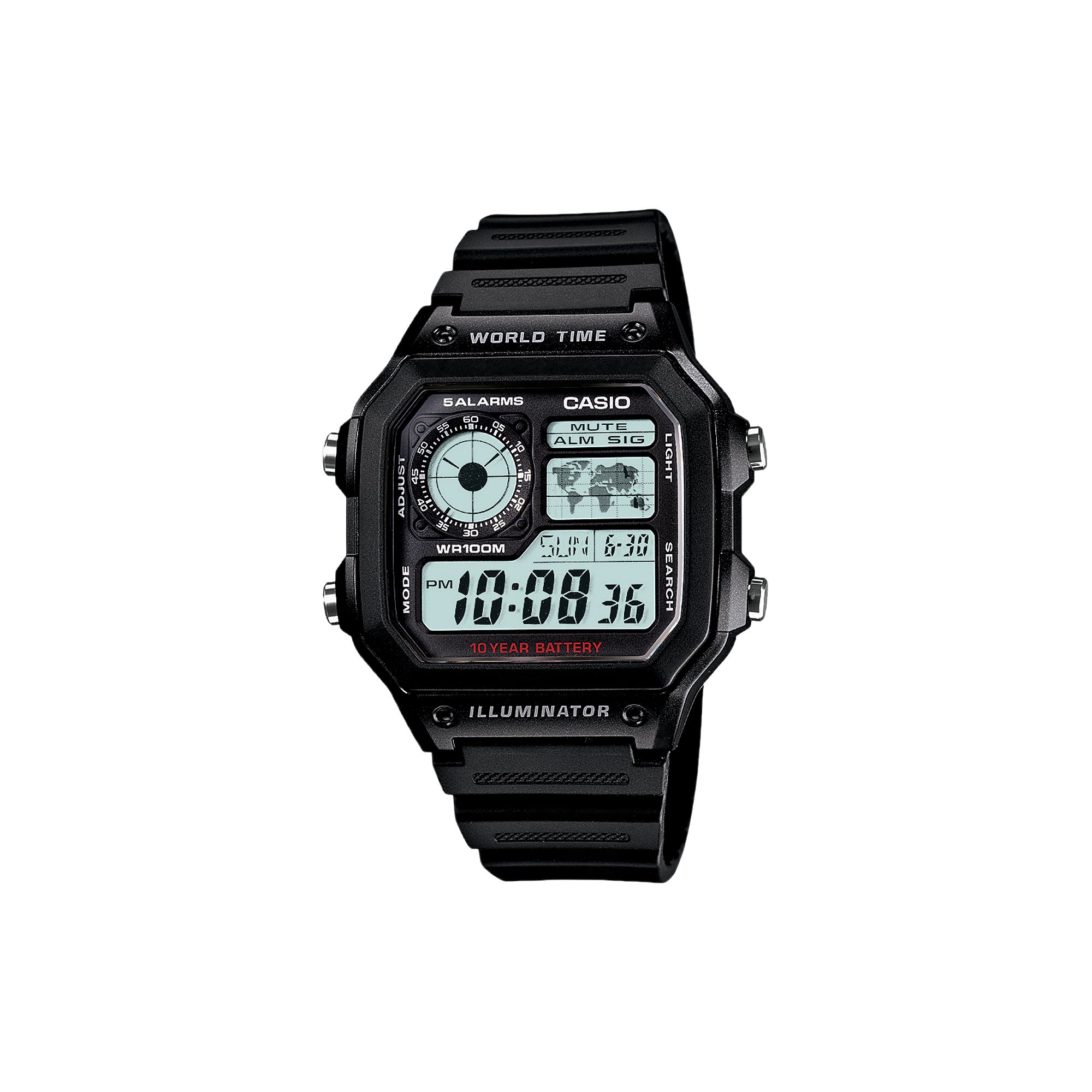 Casio Mens World Time Digital Chronograph Watch - AE1200WH-1AV, Black