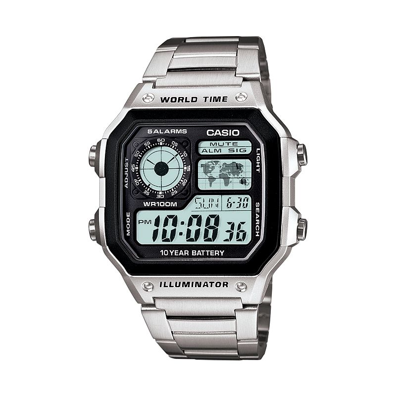 Casio World Time Stainless Steel Digital Chronograph Watch - AE1200WHD-1A - Men, Men's, Gray