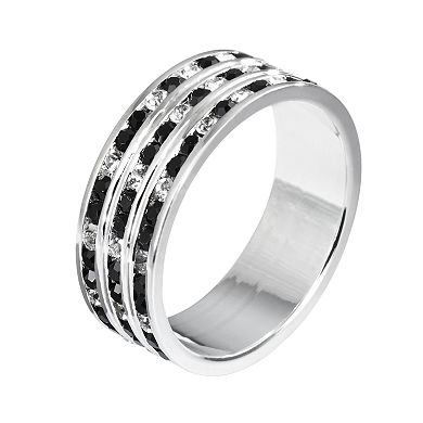 Traditions Silver Plate Black and White Crystal Multirow Ring