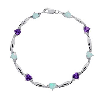 Gemminded Sterling Silver Amethyst, Lab-Created Opal and Diamond Accent Heart Bracelet
