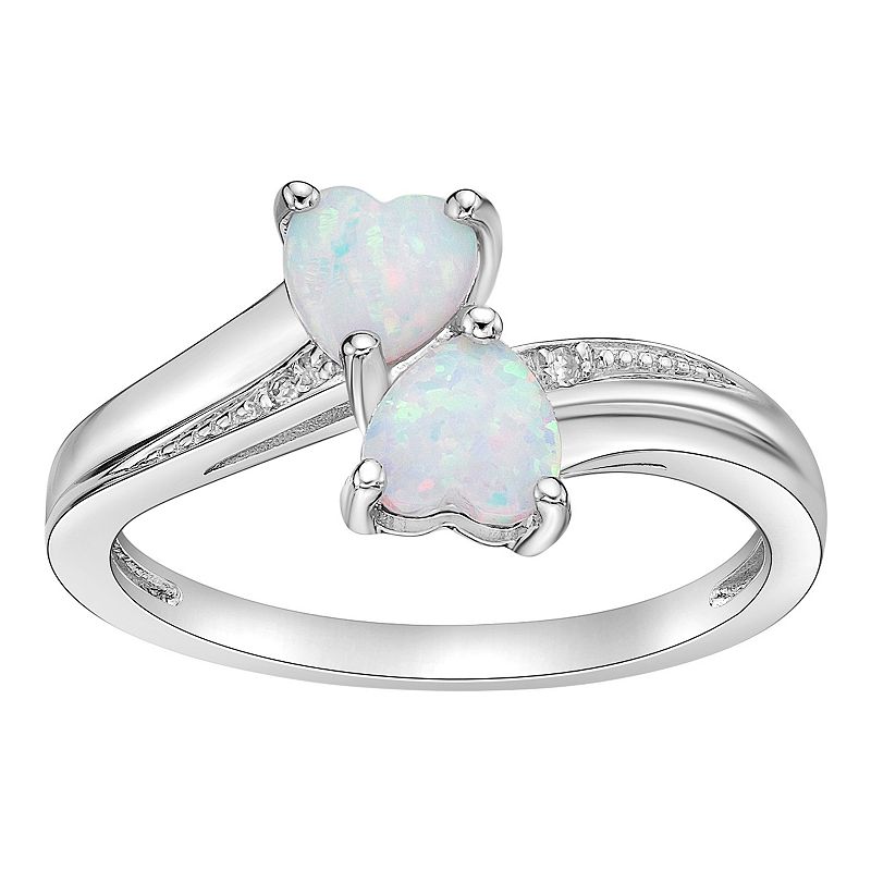 Gemminded Sterling Silver Lab-Created Opal and Diamond Accent Heart Bypass Ring, Women's, 