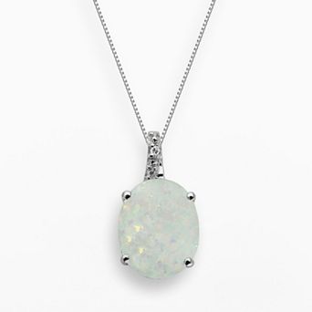 Gemminded Sterling Silver Lab-Created Opal and Diamond Accent Oval Pendant