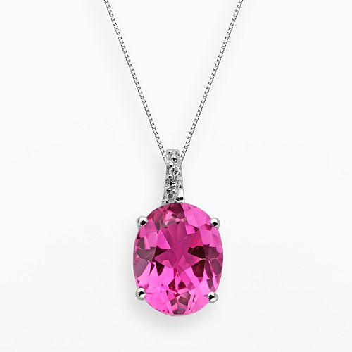 Sterling Silver Lab-Created Pink Sapphire & Diamond Accent Oval Pendant