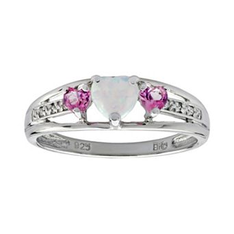 Gemminded Sterling Silver Lab-Created Opal, Lab-Created Pink Sapphire and Diamond Accent Heart 3-Stone Ring