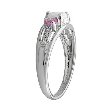 Gemminded Sterling Silver Lab-Created Opal, Lab-Created Pink Sapphire and Diamond Accent Heart 3-Stone Ring