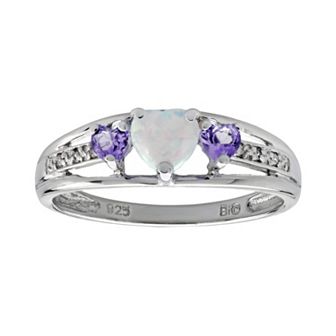 Gemminded Sterling Silver Lab-Created Opal, Amethyst and Diamond Accent Heart 3-Stone Ring
