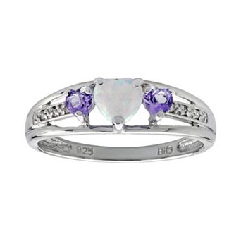 Gemminded Sterling Silver Lab-Created Opal, Amethyst and Diamond Accent Heart 3-Stone Ring