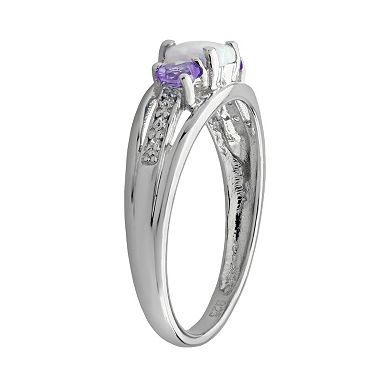 Gemminded Sterling Silver Lab-Created Opal, Amethyst and Diamond Accent Heart 3-Stone Ring