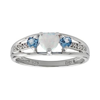 Gemminded Sterling Silver Lab-Created Opal, Blue Topaz and Diamond Accent Heart 3-Stone Ring