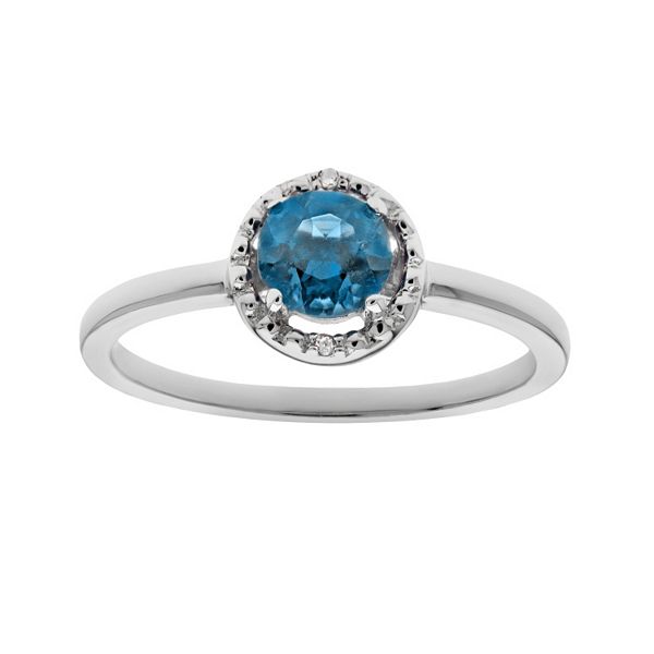 Sterling Silver Blue Topaz and Diamond Accent Halo Ring