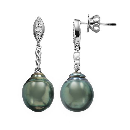 Sterling Silver Tahitian Cultured Pearl & Diamond Accent Drop Earrings