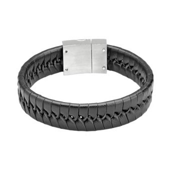 LYNX Stainless Steel & Black Leather Bracelet - Men