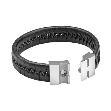 LYNX Stainless Steel and Black Leather Bracelet - Men
