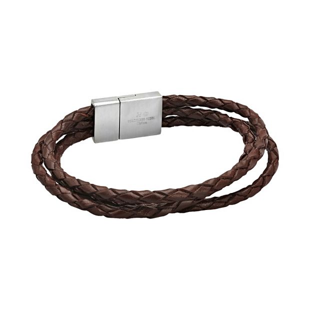 Brown Leather Bracelet Stainless Steel Magnetic Lock