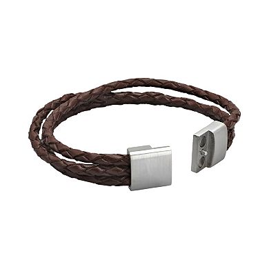 LYNX Stainless Steel and Brown Leather Rope Bracelet - Men