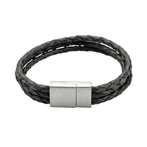 LYNX Stainless Steel & Black Leather Bracelet - Men