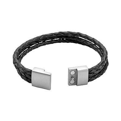 LYNX Stainless Steel and Black Leather Bracelet - Men