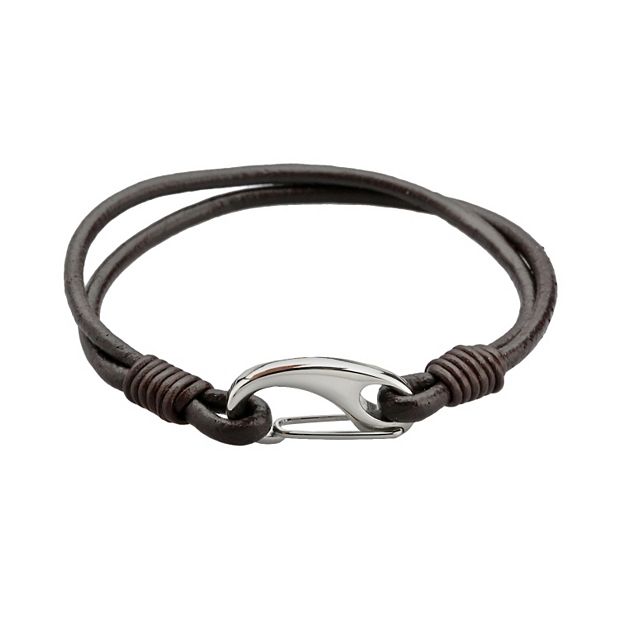 Men's Stainless Steel Lobster Clasp Brown Leather Bracelet