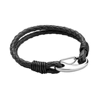 LYNX Stainless Steel & Black Leather Bracelet - Men