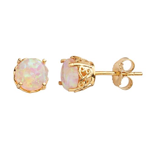 10k Gold Over Silver Lab-Created Pink Opal Stud
